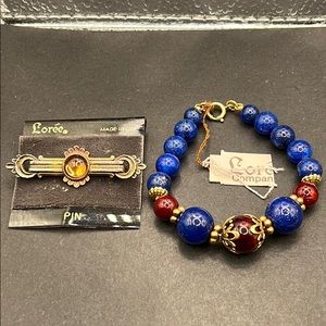 Vintage Lorre bar brooch, beaded bracelet